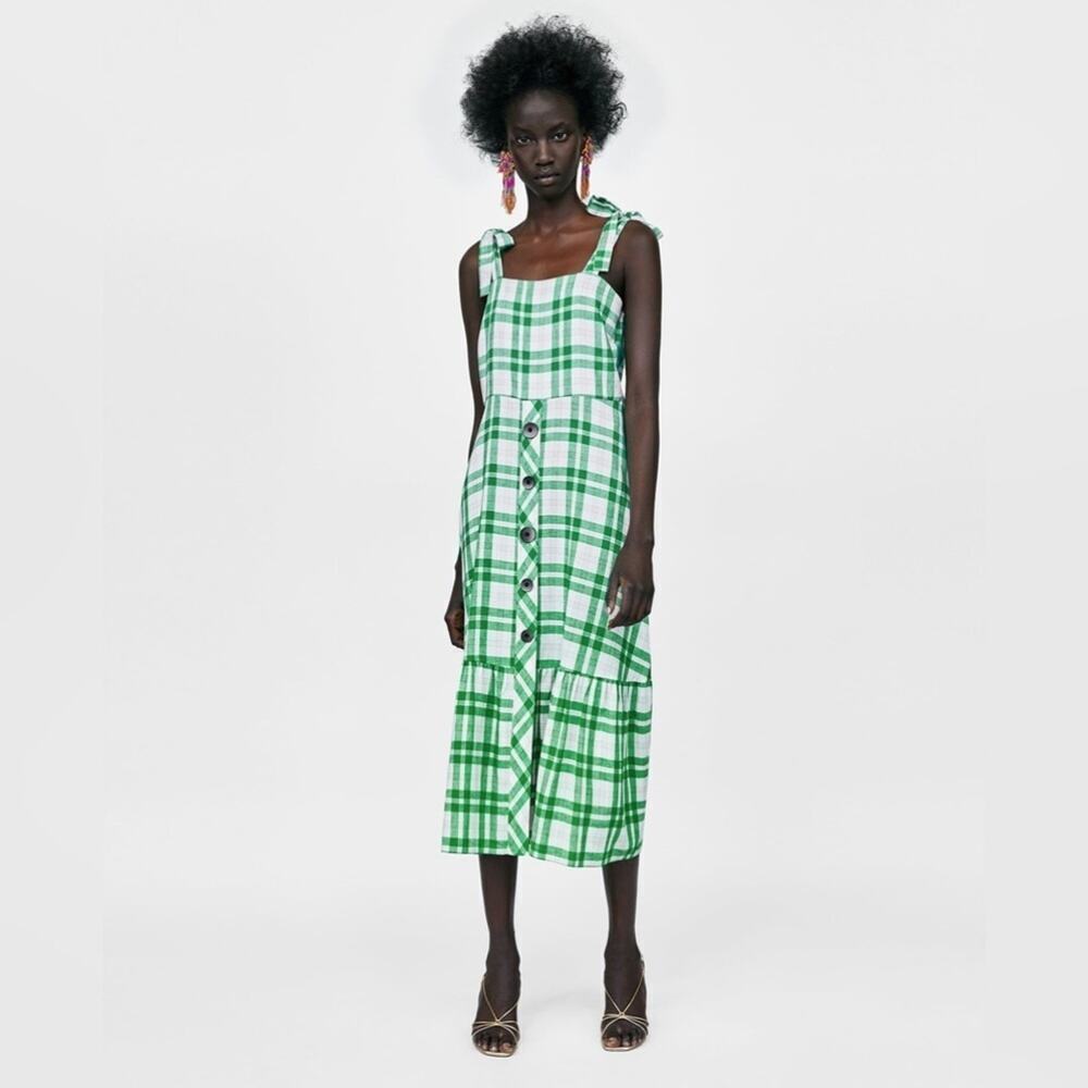 Zara green plaid checkered button front dress size XS